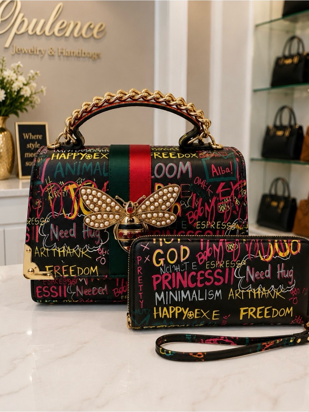 Black Graffiti Handbag w Wallet